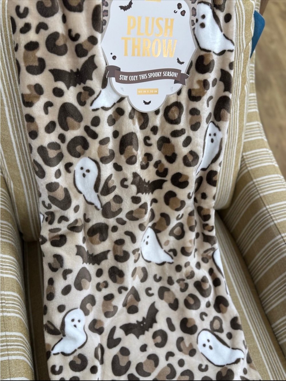 Plush Throw Blanket in Beige Leopard with White Ghosts - Cozy Halloween Accent